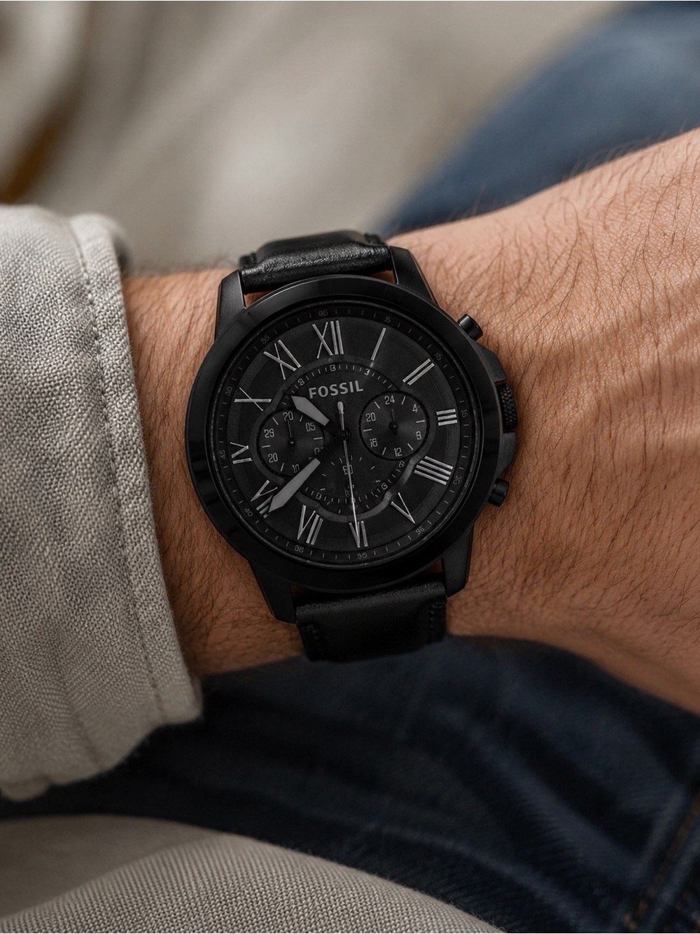Fossil Men’s Black Chronograph Watch with Leather Strap & Box